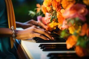 ai gegenereerd musical klassiek geluid toetsenbord melodie spelen vinger kunst menselijk concert instrument sleutel foto