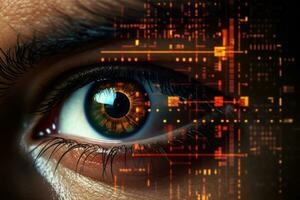 ai gegenereerd vrouw informatie oog iris digitaal visie sensor scannen bescherming blauw detailopname foto