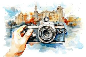 ai gegenereerd wijnoogst fotograaf professioneel fotografie uitrusting kunst camera film illustratie foto