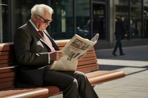 ai gegenereerd ontspanning Mens nieuws krant- volwassen buiten volwassen zittend oud gepensioneerd lezen ouderen foto