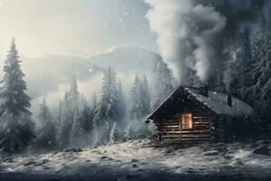 ai gegenereerd vorst nacht berg jaar boom landschap bevroren Spar sneeuw houten licht nieuw natuur huis foto