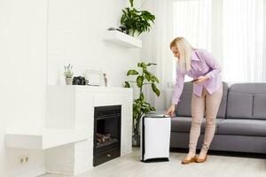 lucht luchtreiniger , bedrijf vrouw werken met laptop gebruik telefoon met filter voor schoon kamer in een leven kamer foto