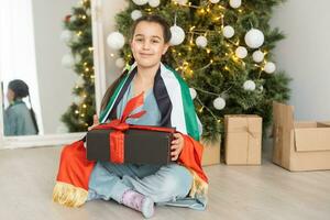 weinig meisje met vlag van Verenigde Arabisch emiraten Bij Kerstmis foto