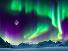 etherisch Aurora borealis over- een besneeuwd berg reeks ai generatief foto