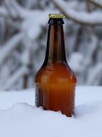 fles van bier in de sneeuw ai generatief foto