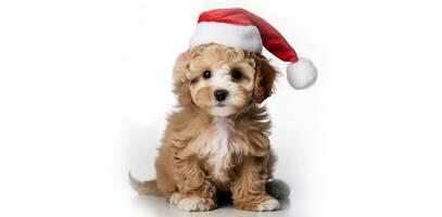 ai gegenereerd hond vervelend de kerstman claus Kerstmis hoed. puppy in een rood de kerstman hoed geïsoleerd Aan een wit achtergrond met ruimte voor tekst. Maltipoo hond vervelend een de kerstman hoed detailopname Aan een wit achtergrond. foto