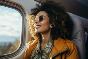 ai gegenereerd glimlachen Afrikaanse Amerikaans vrouw op zoek weg in vliegtuig foto