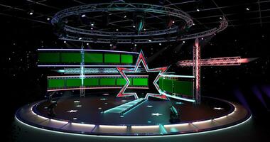 virtueel TV studio set. groen scherm achtergrond. 3d renderen foto