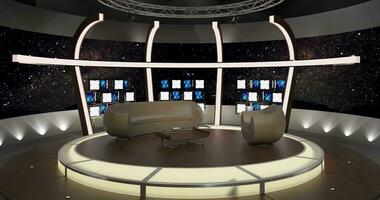 virtueel TV studio set. groen scherm achtergrond. 3d renderen foto