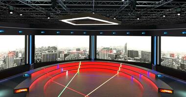 virtueel TV studio set. groen scherm achtergrond. 3d renderen foto