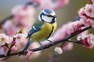 ai gegenereerd een bluetit vogel resting Aan de Afdeling van een boom. ai gegenereerd. foto