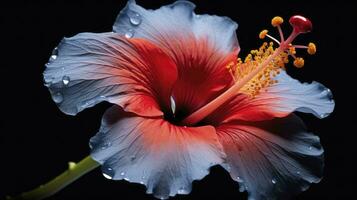 ai gegenereerd een hibiscus bloem met water een donker achtergrond. foto