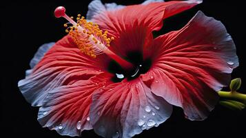 ai gegenereerd een hibiscus bloem met water een donker achtergrond. foto