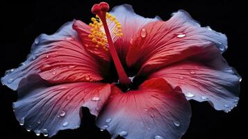 ai gegenereerd een hibiscus bloem met water een donker achtergrond. foto