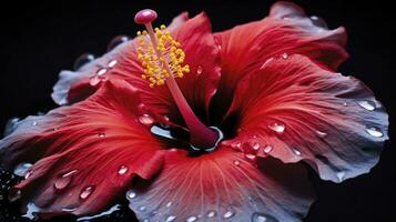 ai gegenereerd een hibiscus bloem met water een donker achtergrond. foto