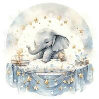 ai gegenereerd een olifant Aan een bed met sterren en dekens in de omgeving van de cirkel. ai gegenereerd foto