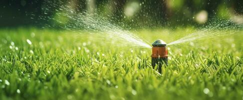 ai gegenereerd automatisch tuin gazon sproeier in actie gieter gras. ai gegenereerd foto