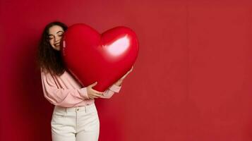 ai gegenereerd vrouw met hart vorm ballon vieren Valentijn dag foto