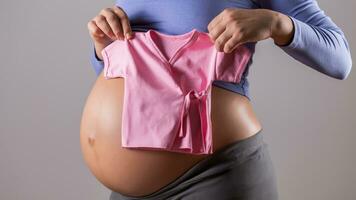 beeld van maag van zwanger vrouw met een roze t-shirt voor baby meisje Aan grijs achtergrond. foto