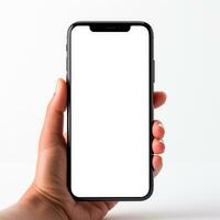 ai gegenereerd smartphone in een man's met een donkere huid hand, wit scherm sjabloon, wit achtergrond - ai gegenereerd beeld foto