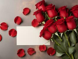 ai gegenereerd top visie van rood roos bloemen voor valentijnsdag dag met blanco kaart foto
