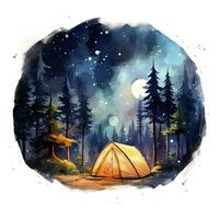 ai gegenereerd een camping tent in de Woud met nacht lucht, waterverf voor t-shirt ontwerp. ai gegenereerd foto