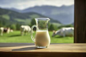 ai gegenereerd glas werper met vers melk Aan een houten tafel. ai gegenereerd foto