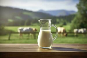 ai gegenereerd glas werper met vers melk Aan een houten tafel. ai gegenereerd foto