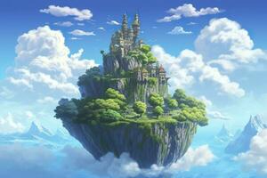 ai gegenereerd oude hemels drijvend eiland in de lucht met een kasteel, levendig, fantasiepunk, ai generatief foto