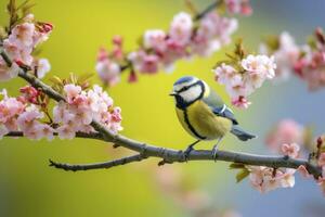 ai gegenereerd een bluetit vogel resting Aan de Afdeling van een boom. ai gegenereerd. foto