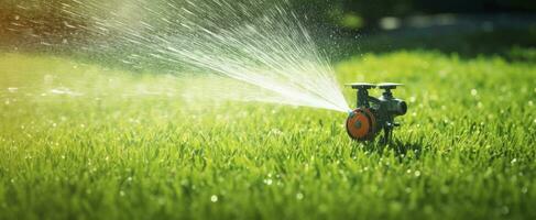 ai gegenereerd automatisch tuin gazon sproeier in actie gieter gras. ai gegenereerd foto