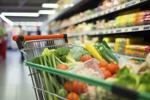 ai gegenereerd dichtbij omhoog van vol boodschappen doen kar in kruidenier op te slaan. ai gegenereerd foto