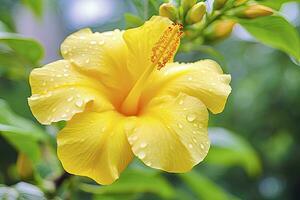 ai gegenereerd dichtbij omhoog mooi geel hibiscus bloem. ai gegenereerd foto