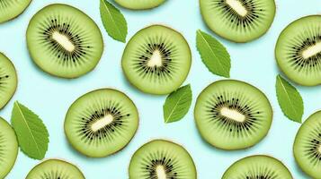 ai gegenereerd plakjes van kiwi fruit en groen munt bladeren Aan een licht pastel blauw achtergrond. ai gegenereerd foto