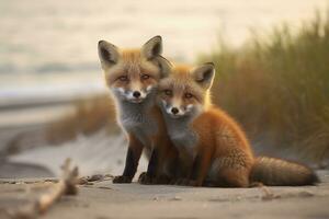 ai gegenereerd wild baby rood vossen knuffelen Bij de strand. generatief ai foto