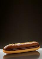 ai gegenereerd verticaal banier, klassiek eclair gegoten met chocola Aan een donker achtergrond, ruimte voor tekst foto