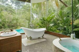 ai gegenereerd tropisch stijl badkamer. pro foto