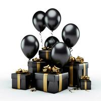 ai gegenereerd zwart ballonnen met geschenk doos gelukkig verjaardag poster element, generatief ai foto
