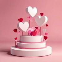 ai gegenereerd 3d valentijnsdag dag podium decoratie met hart Aan roze achtergrond foto