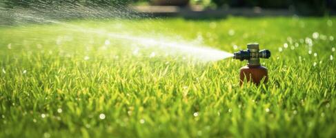 ai gegenereerd automatisch tuin gazon sproeier in actie gieter gras. ai gegenereerd foto