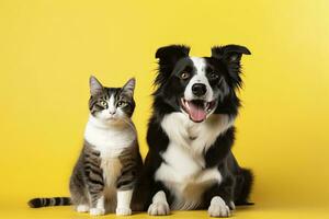 ai gegenereerd kat en hond samen met gelukkig uitdrukkingen Aan geel achtergrond. ai gegenereerd foto