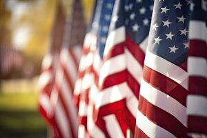 ai gegenereerd detailopname van een Amerikaans vlag in een rij. gedenkteken dag foto