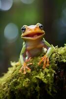 ai gegenereerd groen boom kikker zittend Aan mos in de regenwoud. dieren in het wild tafereel van natuur. foto