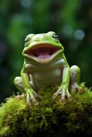 ai gegenereerd groen boom kikker zittend Aan mos in de regenwoud. dieren in het wild tafereel van natuur. foto