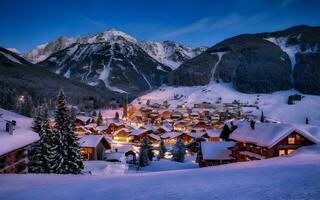 ai gegenereerd winter wonderland, betoverend alpine dorp deken in sneeuw, verlichte door fonkelend lichten foto