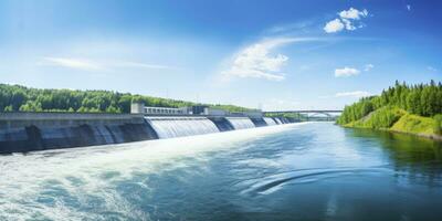 ai gegenereerd hydro-elektrisch dam genereren groen energie van vloeiende water. ai gegenereerd. foto