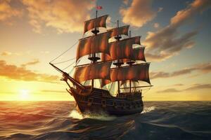 ai gegenereerd piraat schip het zeilen Aan de oceaan Bij zonsondergang. wijnoogst cruise. ai gegenereerd foto