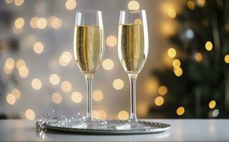 ai gegenereerd bril met Champagne Aan de achtergrond van Kerstmis decoraties. ai gegenereerd foto