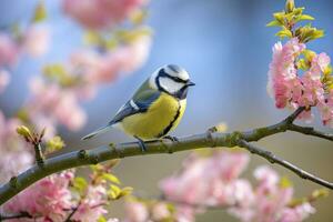 ai gegenereerd een bluetit vogel resting Aan de Afdeling van een boom. ai gegenereerd. foto