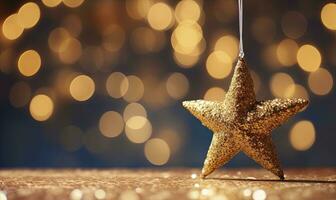 ai gegenereerd sprankelend gouden Kerstmis ster. ornament decoratie onscherp bokeh achtergrond. ai gegenereerd foto